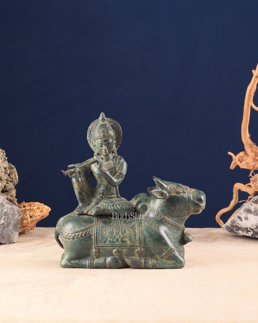 Indonesian Bronze Lord Krishna Sitting on Cow Sculpture | Height: 9 inch