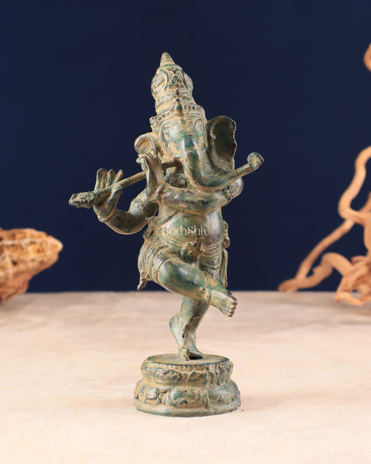 Indonesian Bronze Dancing Ganesha Playing the Flute Sculpture 7"