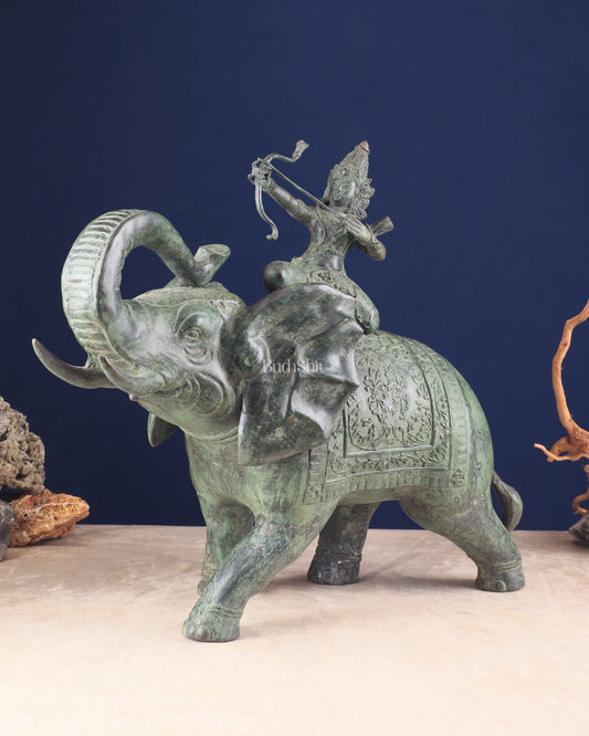 Indonesian Bronze Lord Ram on Elephant Raising Bow Sculpture 23"