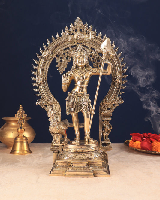 Pure Brass Lord Murugan Statue with Peacock and Prabhavali