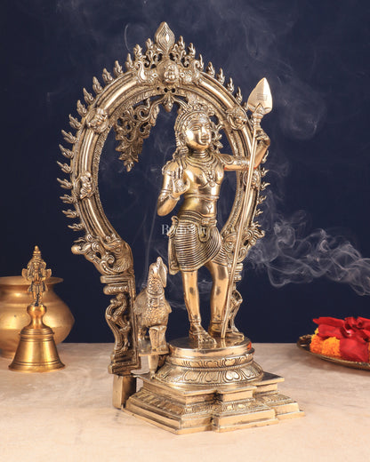 Pure Brass Lord Murugan Statue with Peacock and Prabhavali