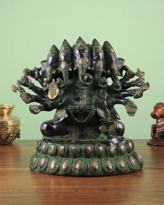 Pure Brass Large Panchmukhi Ganesha Statue - Black Green tone , 13"