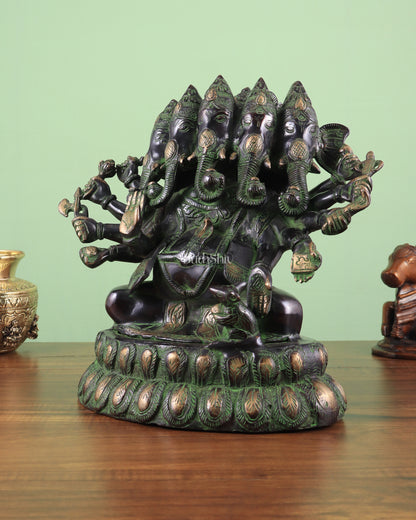 Pure Brass Large Panchmukhi Ganesha Statue - Black Green tone , 13"