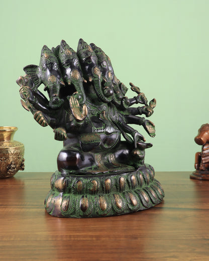 Pure Brass Large Panchmukhi Ganesha Statue - Black Green tone , 13"