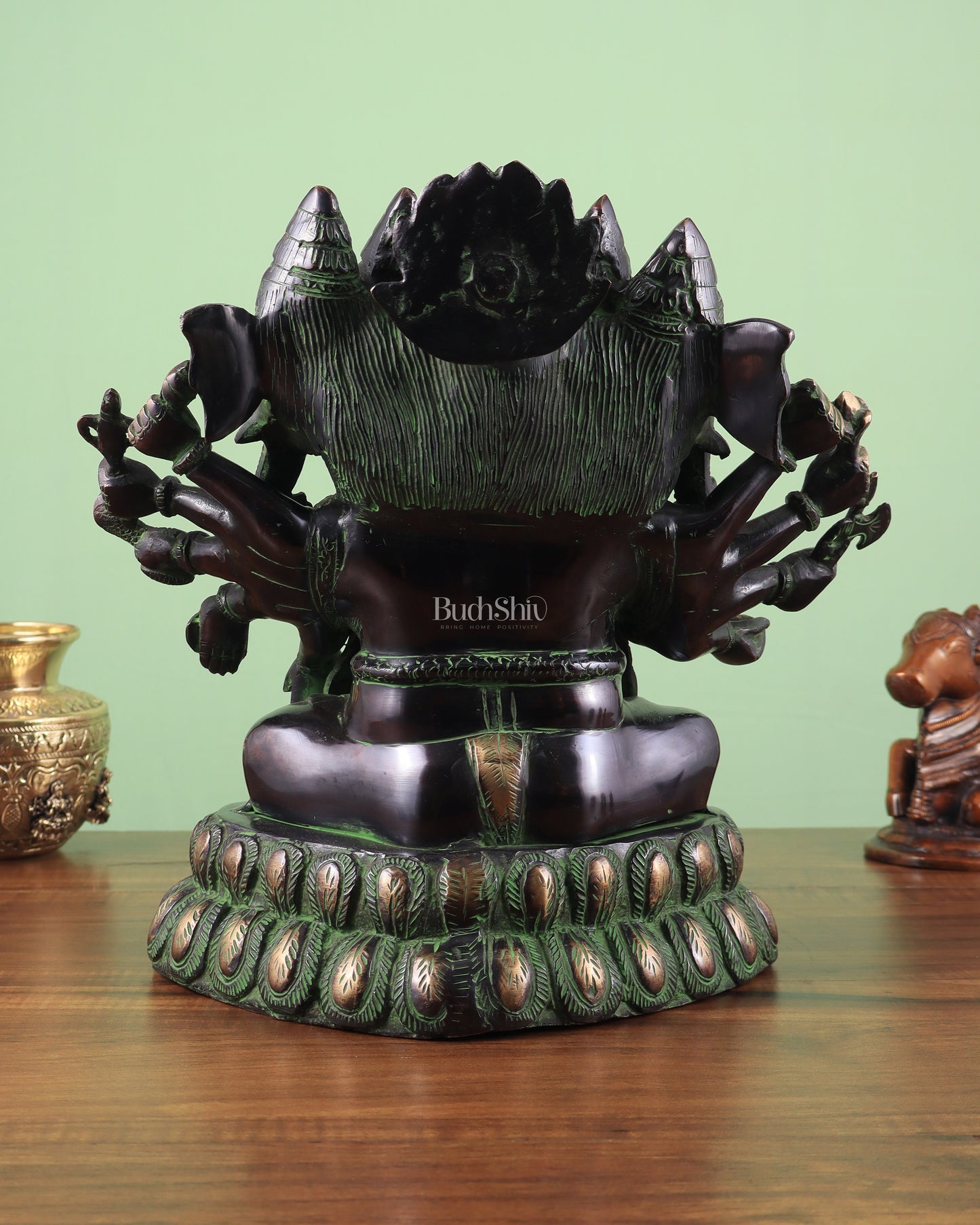 Pure Brass Large Panchmukhi Ganesha Statue - Black Green tone , 13"