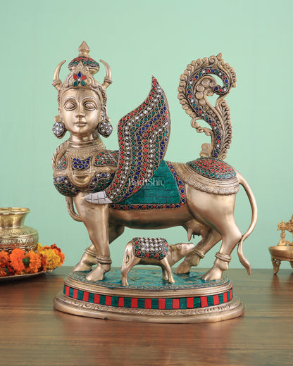 Exquisite Brass Kamdhenu Cow with calf Statue | 16.5" glossy