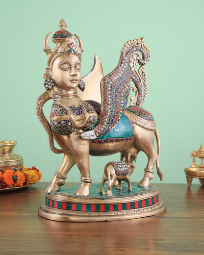 Exquisite Brass Kamdhenu Cow with calf Statue | 16.5" glossy