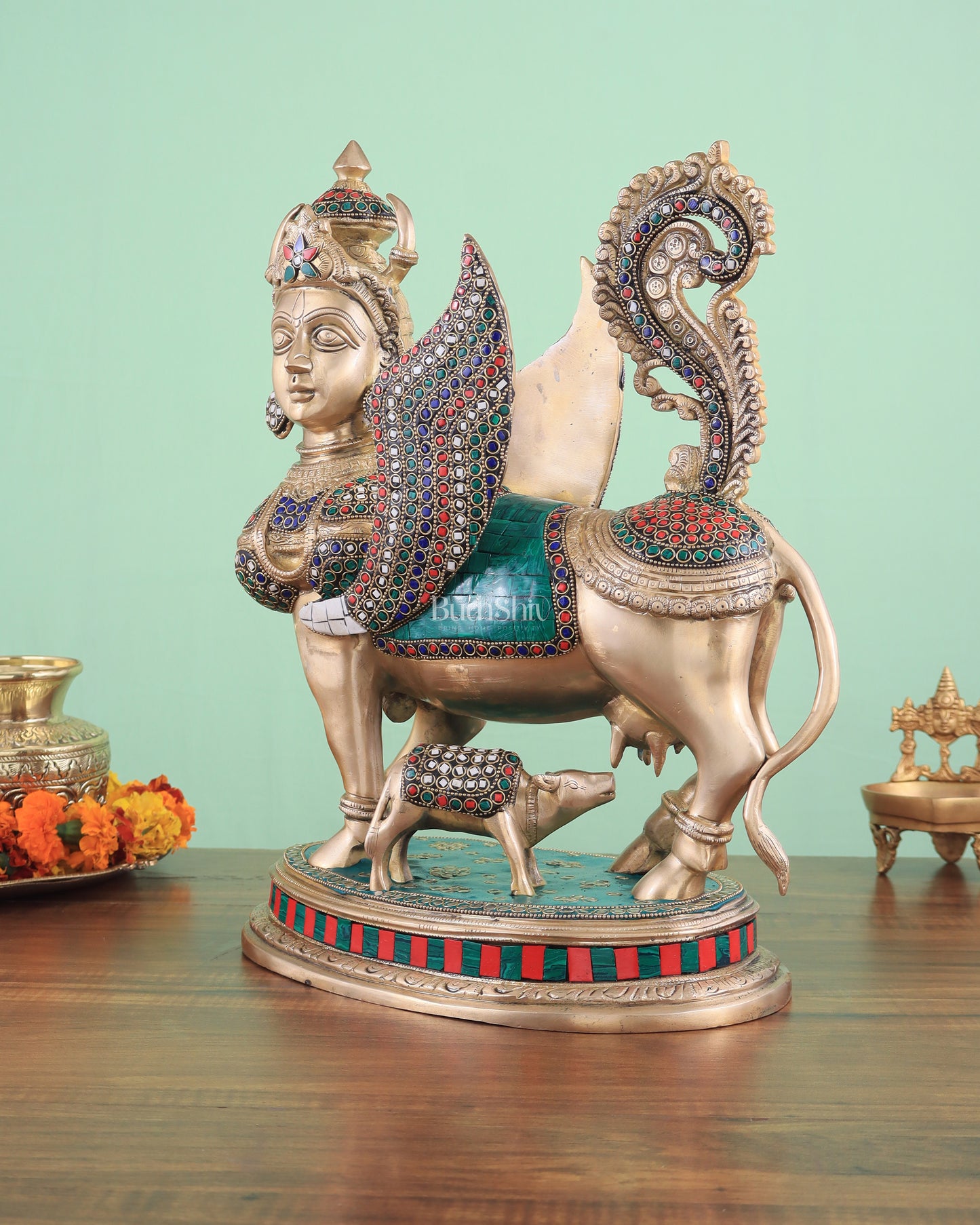 Exquisite Brass Kamdhenu Cow with calf Statue | 16.5" glossy