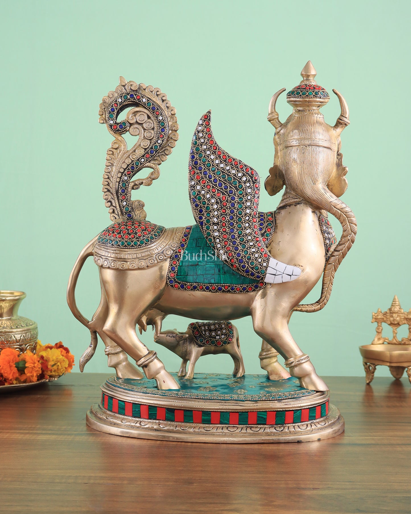 Exquisite Brass Kamdhenu Cow with calf Statue | 16.5" glossy