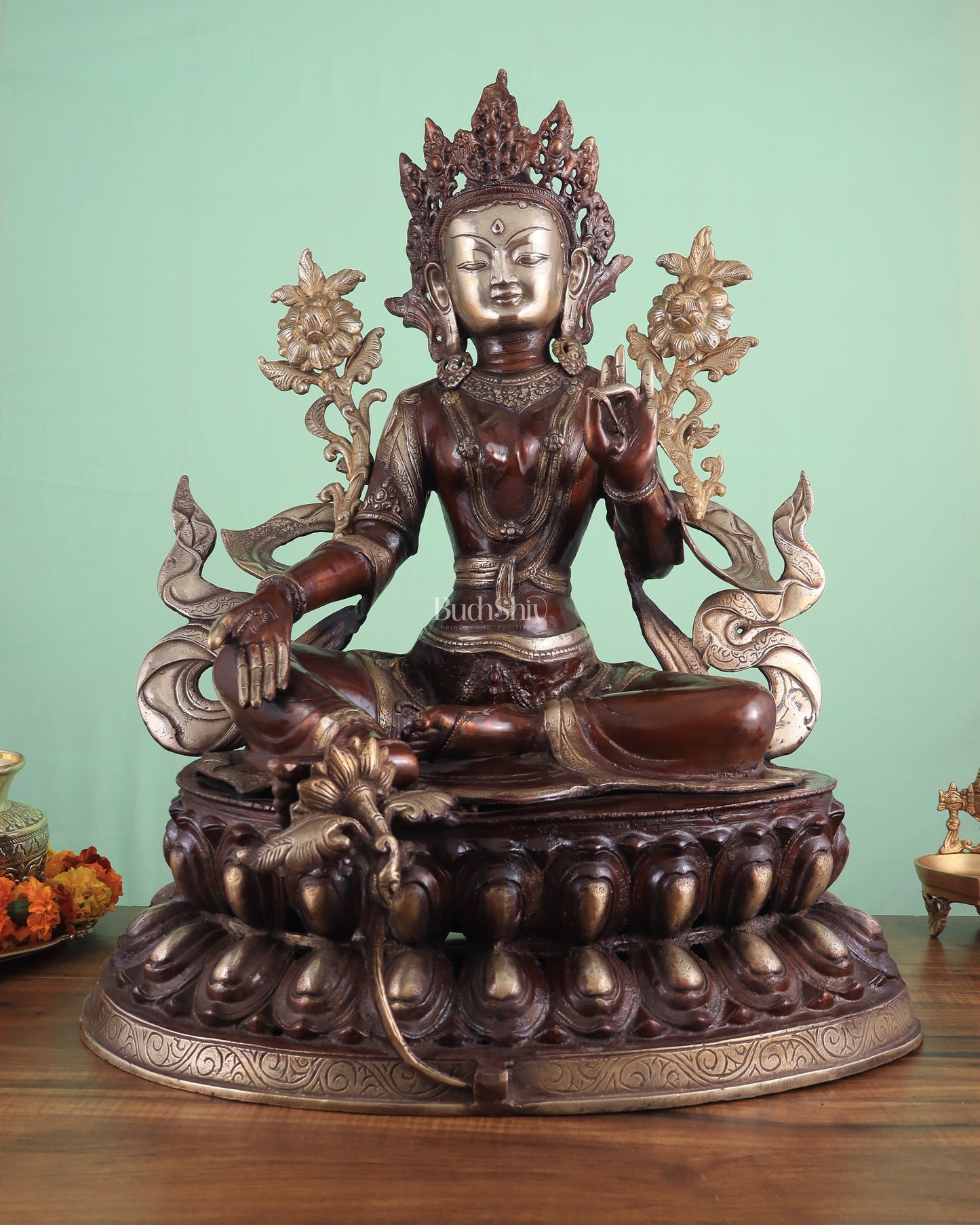 Pure Brass Large Green Tara Statue – Divine Protector & Compassionate Mother 24.5"