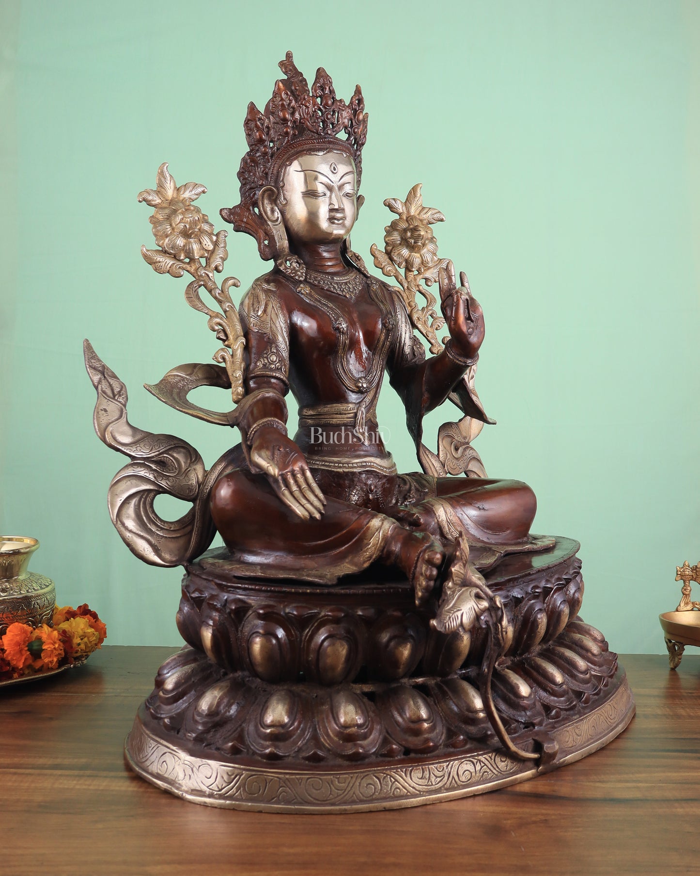 Pure Brass Large Green Tara Statue – Divine Protector & Compassionate Mother 24.5"