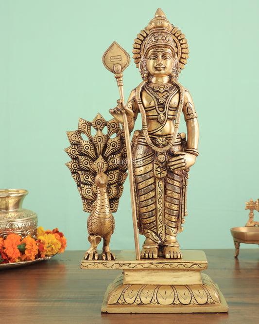 Exquisite Brass Superfine Lord Murugan with Peacock Statue - 16 Inches Tall