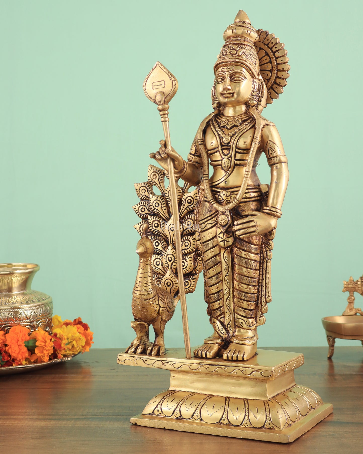 Exquisite Brass Superfine Lord Murugan with Peacock Statue - 16 Inches Tall