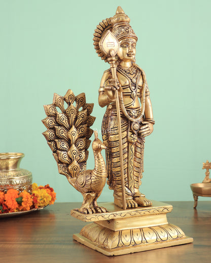 Exquisite Brass Superfine Lord Murugan with Peacock Statue - 16 Inches Tall