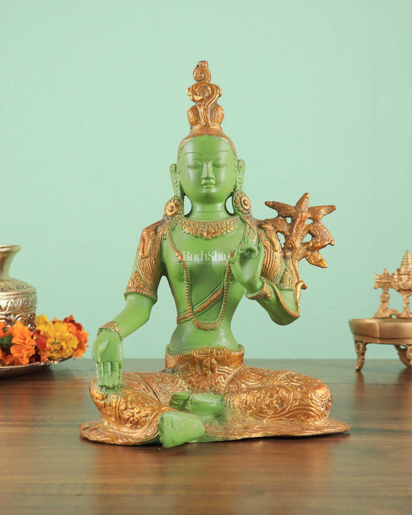 Pure Brass Green Tara Statue with Antique Sand Finish Henna Touch 10.5"