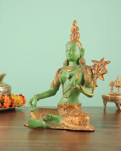 Pure Brass Green Tara Statue with Antique Sand Finish Henna Touch 10.5"