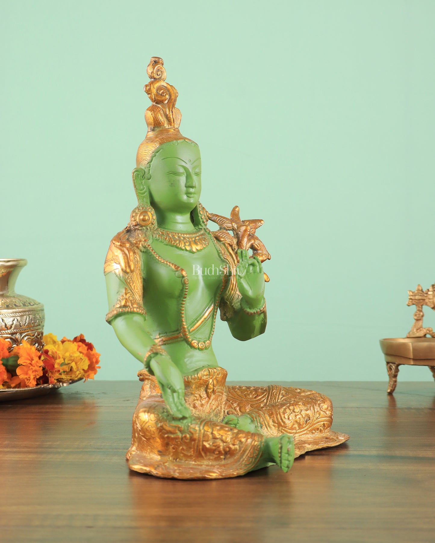 Pure Brass Green Tara Statue with Antique Sand Finish Henna Touch 10.5"