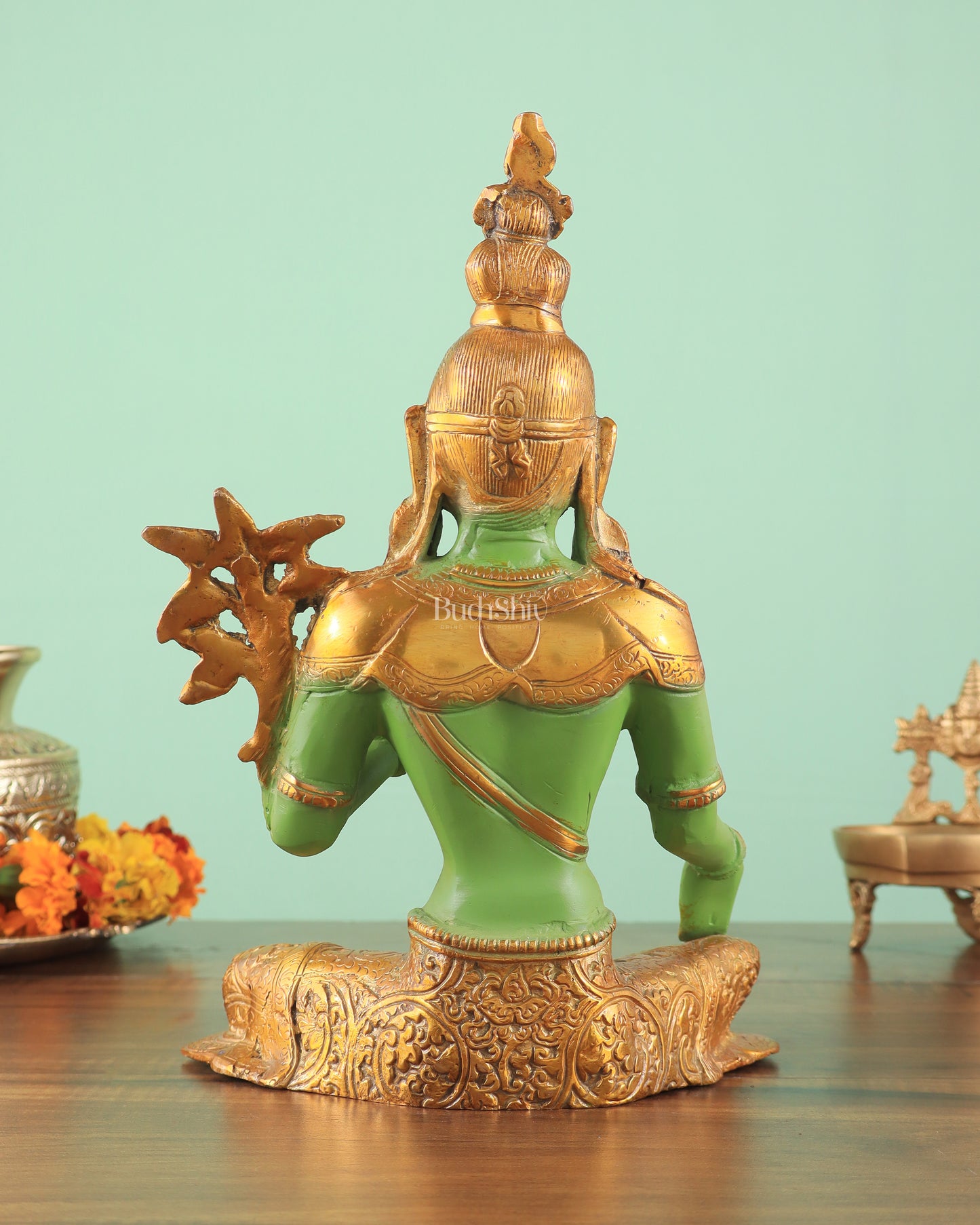 Pure Brass Green Tara Statue with Antique Sand Finish Henna Touch 10.5"