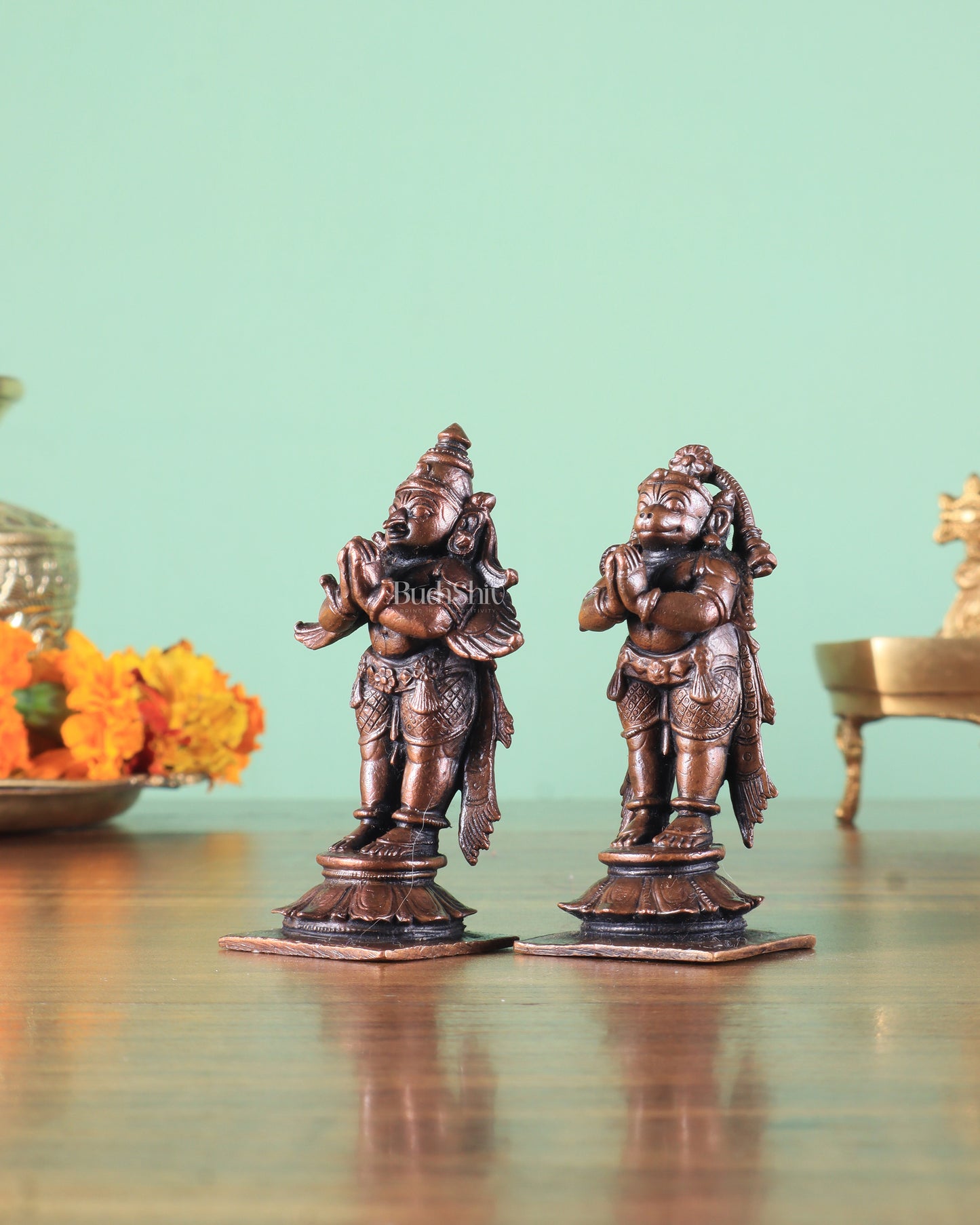 Pure Copper Lord Hanuman & Garuda Standing Idol Pair