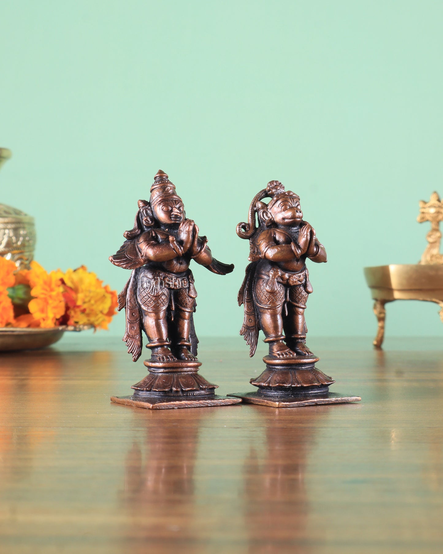 Pure Copper Lord Hanuman & Garuda Standing Idol Pair