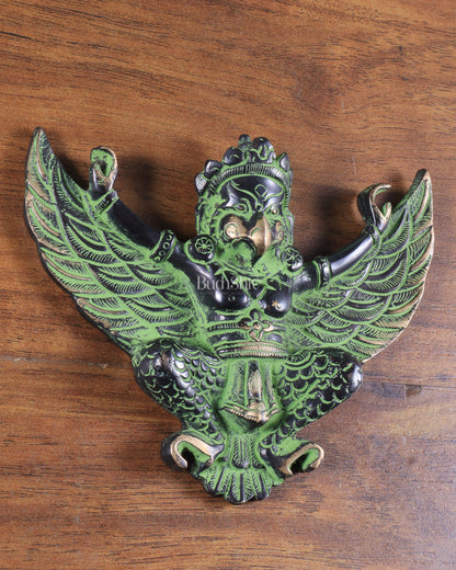 Unique Brass Wall Hanging Flying Garuda Idol 5" black and green