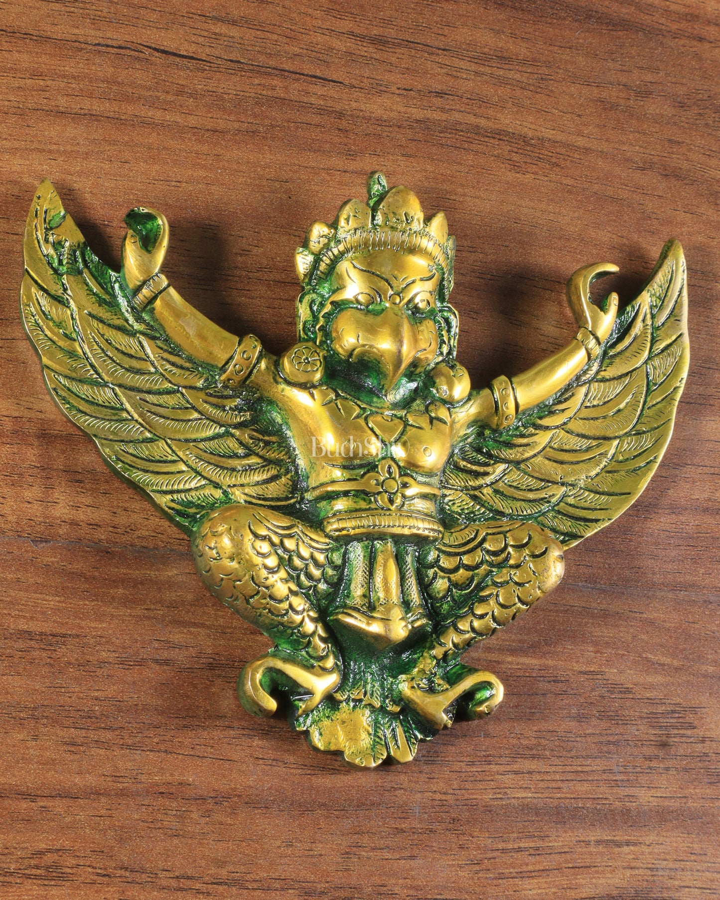 Unique Brass Wall Hanging Flying Garuda Idol 5" Green effect