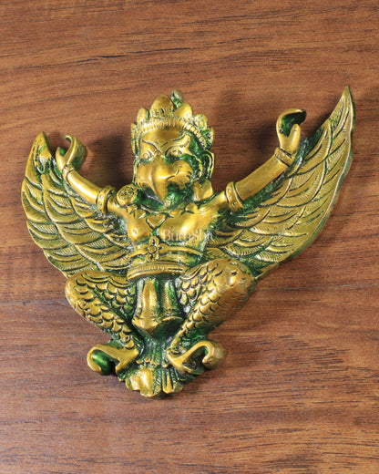 Unique Brass Wall Hanging Flying Garuda Idol 5" Green effect