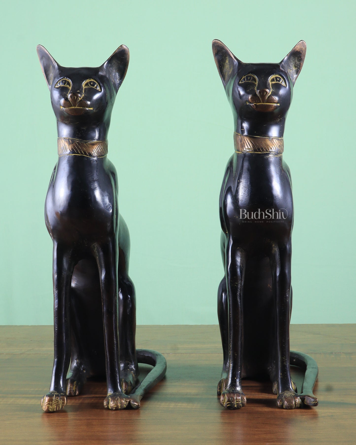 Brass Egyptian Black Cat Pair – Elegant Showpiece 14"