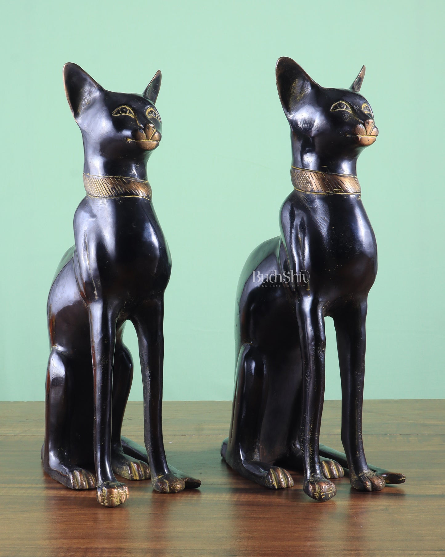 Brass Egyptian Black Cat Pair – Elegant Showpiece 14"