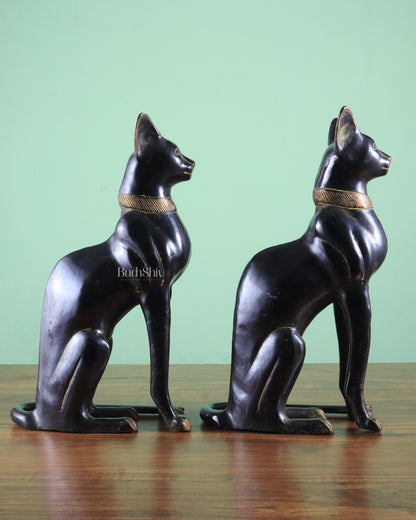 Brass Egyptian Black Cat Pair – Elegant Showpiece 14"