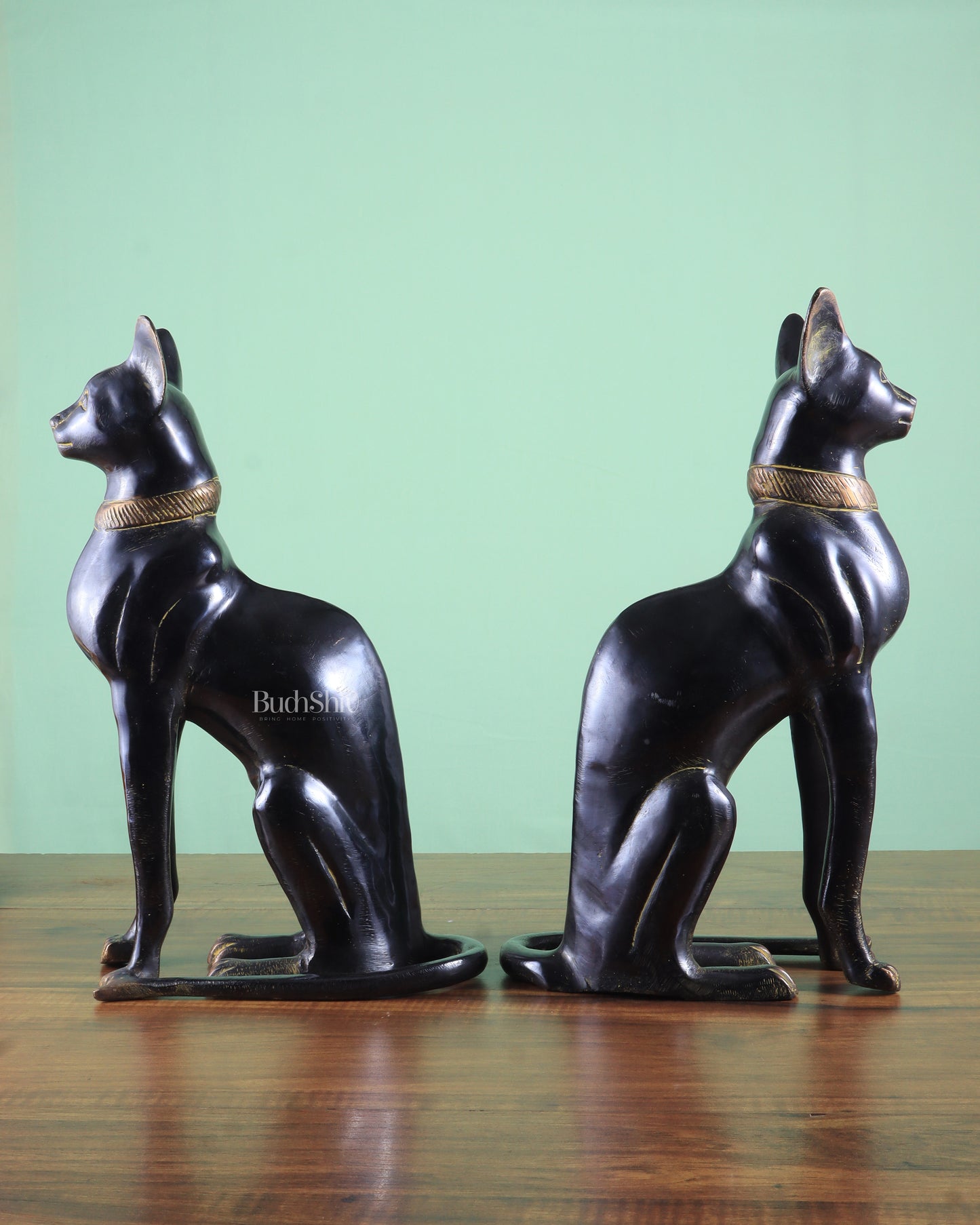 Brass Egyptian Black Cat Pair – Elegant Showpiece 14"