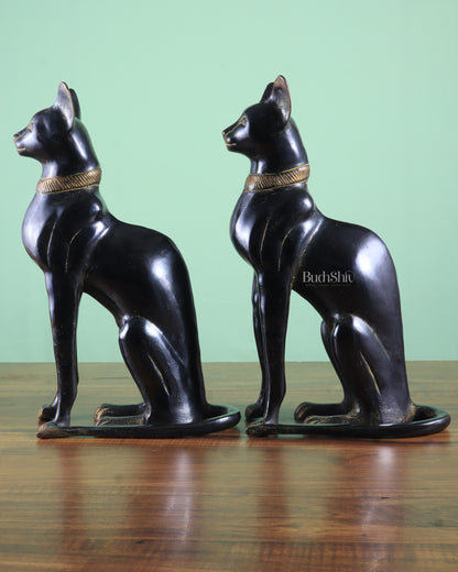 Brass Egyptian Black Cat Pair – Elegant Showpiece 14"