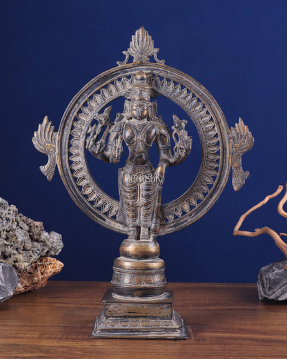 Vintage Brass Lord Vishnu Statue with Sudarshan Chakra Aura - 16.5 Inch