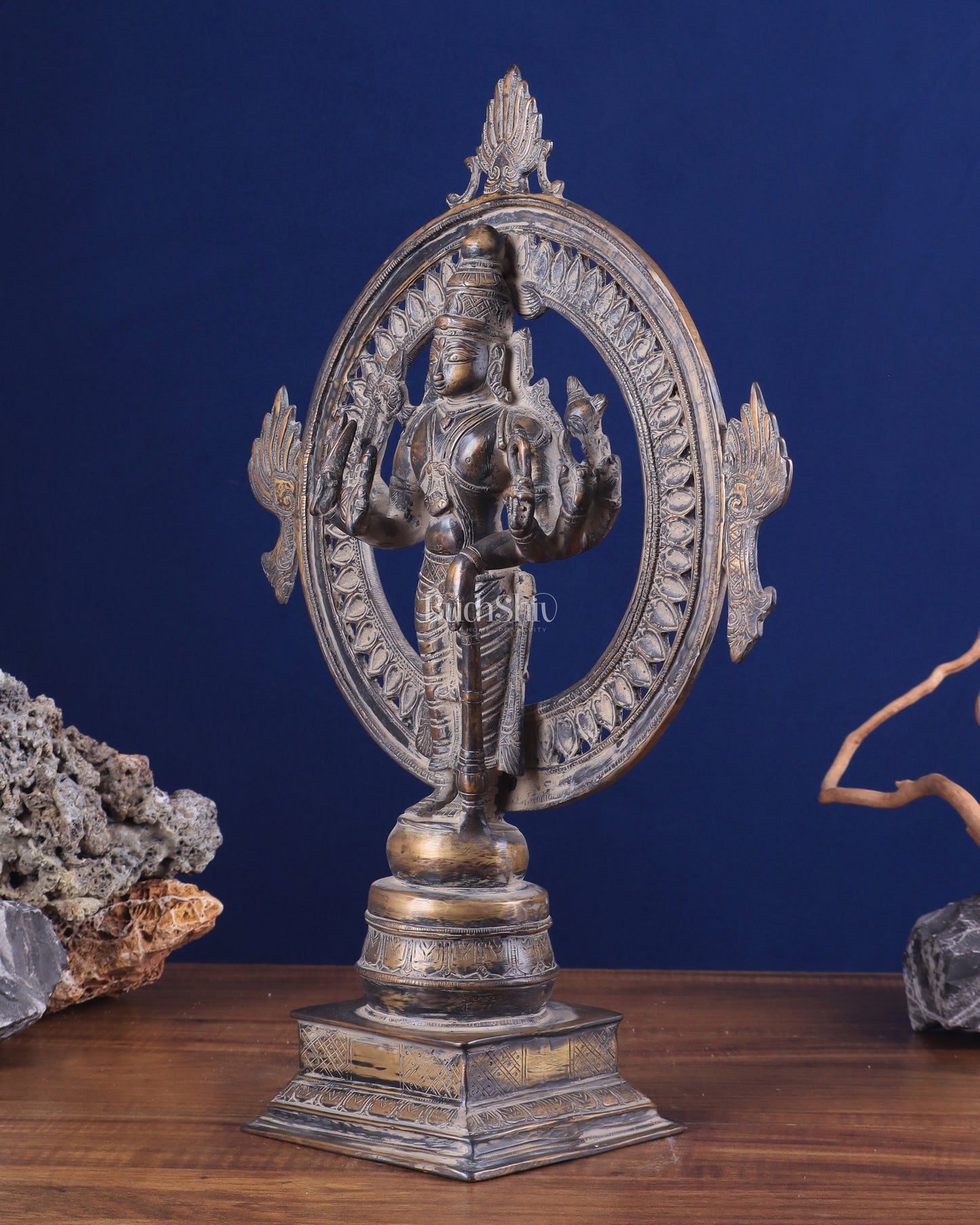 Vintage Brass Lord Vishnu Statue with Sudarshan Chakra Aura - 16.5 Inch