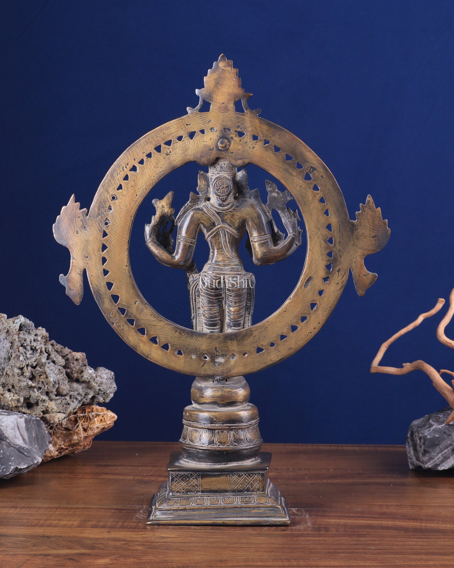 Vintage Brass Lord Vishnu Statue with Sudarshan Chakra Aura - 16.5 Inch