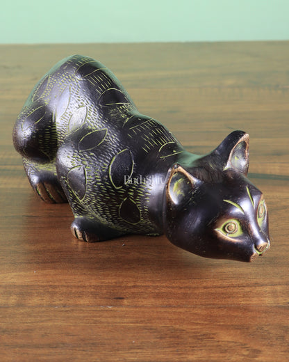 Pure Brass Vastu Black Cat Drinking Water Pose Showpiece