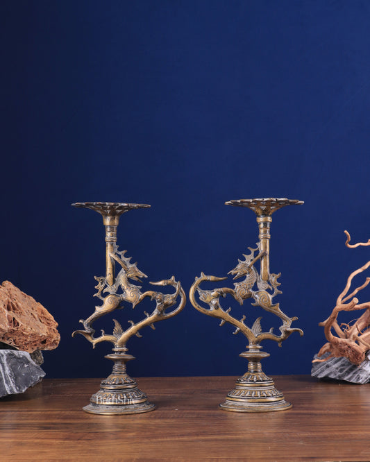 Pair of vintage Brass Yali Candle Holders 9"