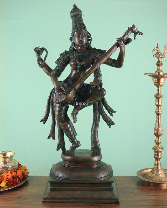 Brass Dancing Saraswati Idol 32" added copper