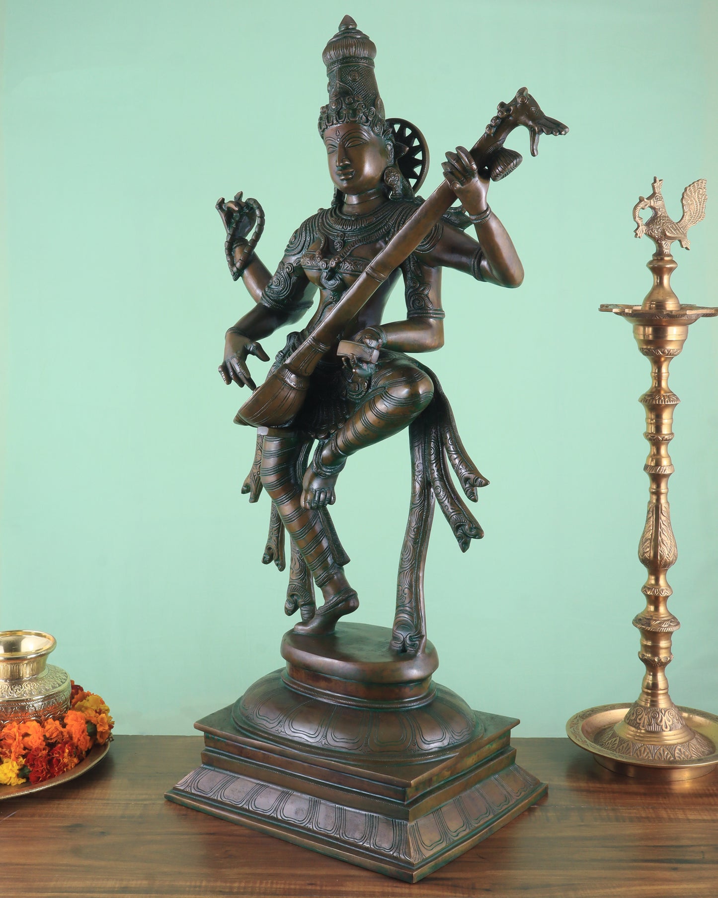 Brass Dancing Saraswati Idol 32" added copper