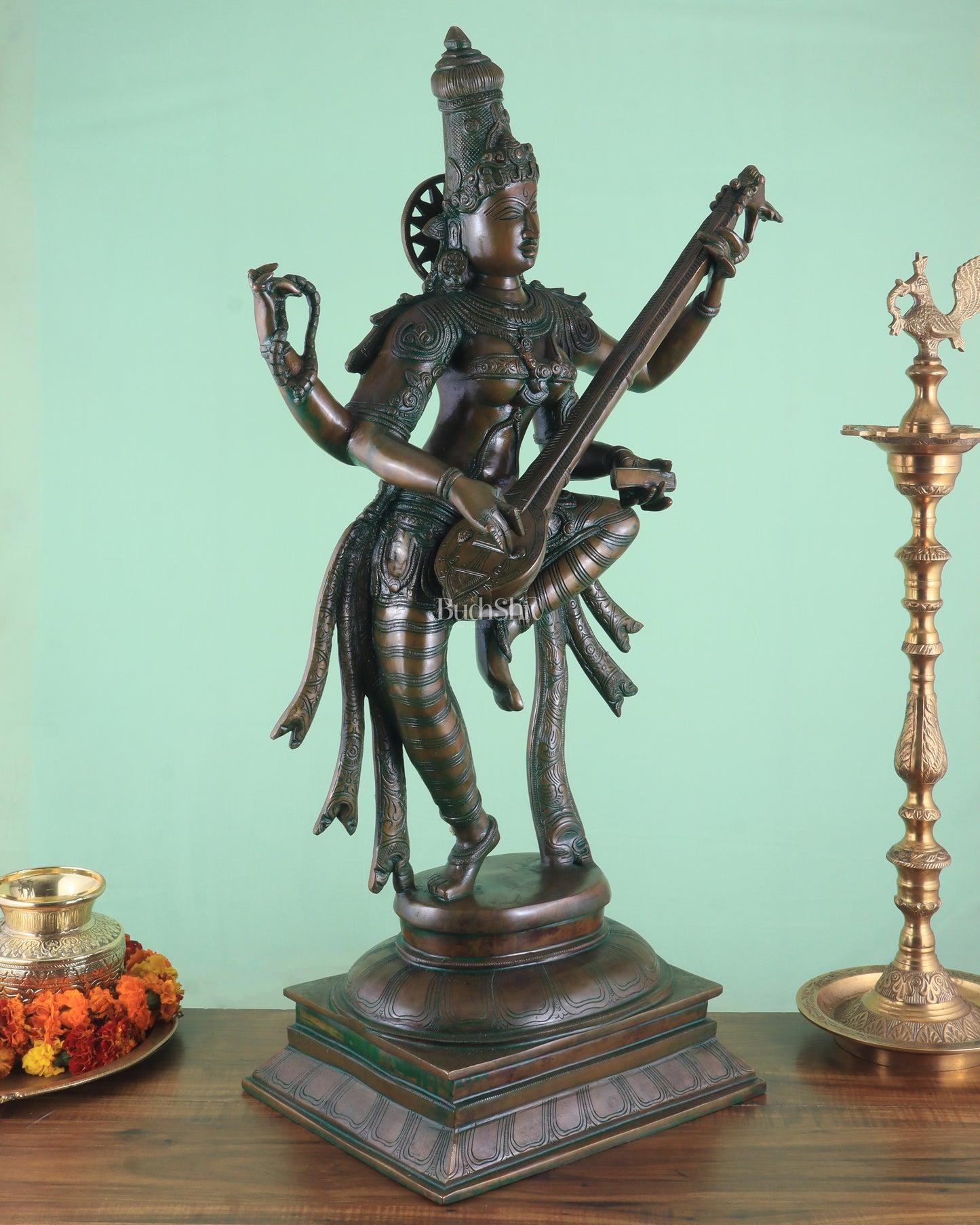 Brass Dancing Saraswati Idol 32" added copper