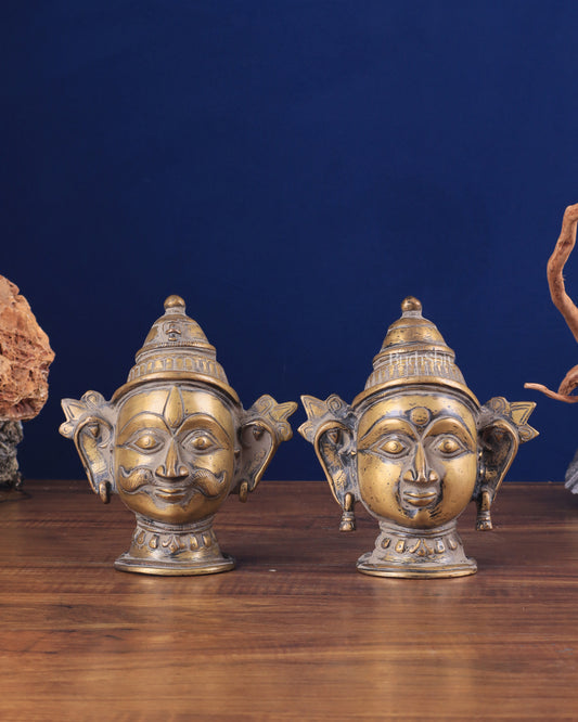 Vintage Brass Shiva Parvati Face Shiv Gauri Mukhalingam Head Idols – 7" Height, Pair