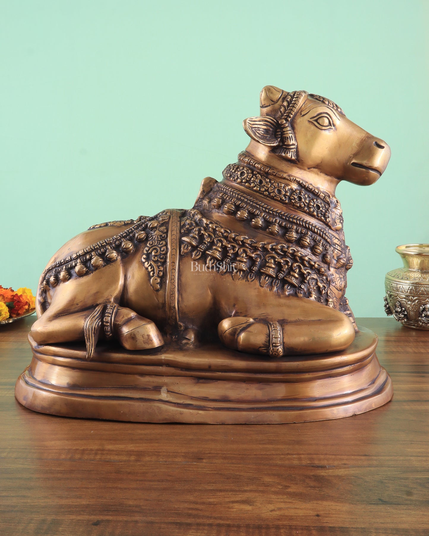 Brass Vintage Nandi on Base Statue 17"