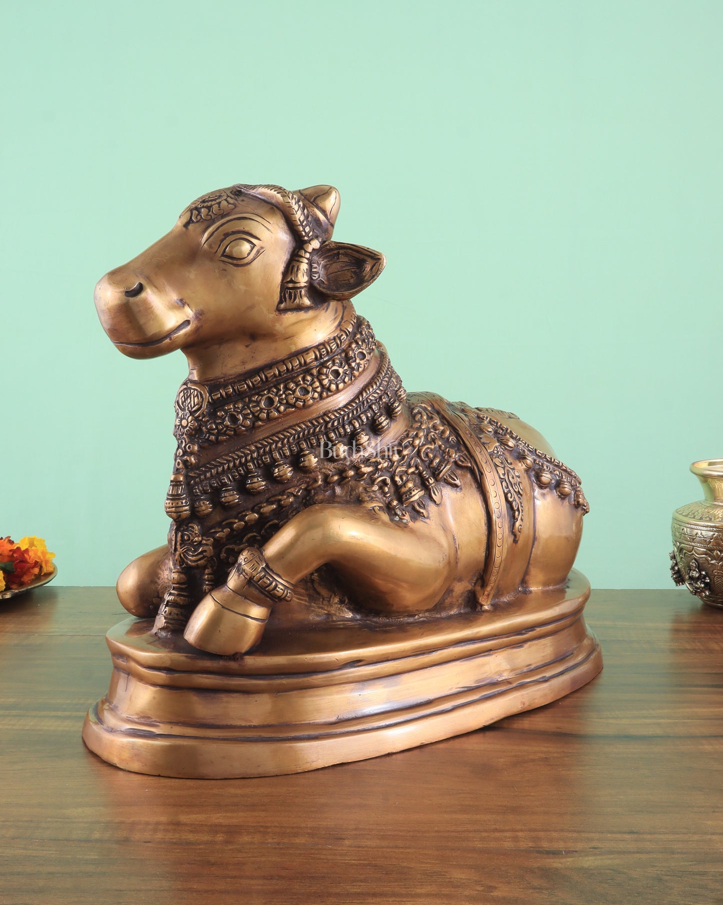 Brass Vintage Nandi on Base Statue 17"