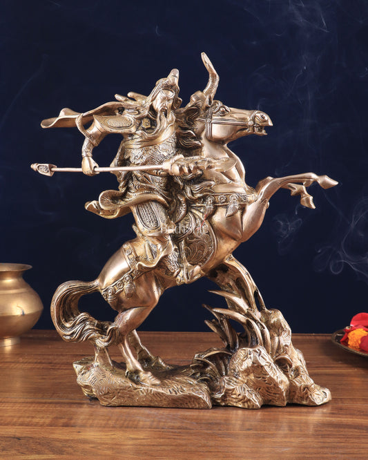 Brass Chinese Warrior Guan Yu Idol on Horse statue 14"