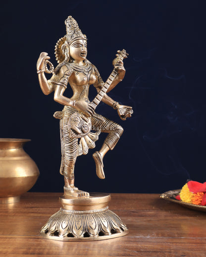 Pure Brass Dancing Saraswati Idol 11"