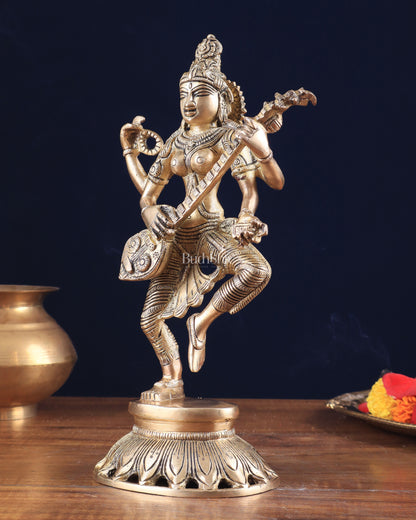 Pure Brass Dancing Saraswati Idol 11"