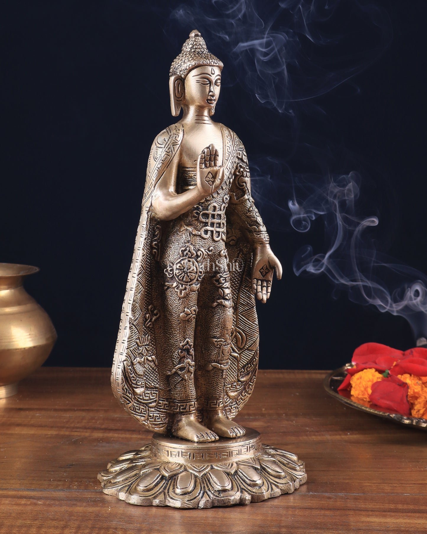 Pure Brass Standing Lord Buddha Statue – Fully Engraved 11"