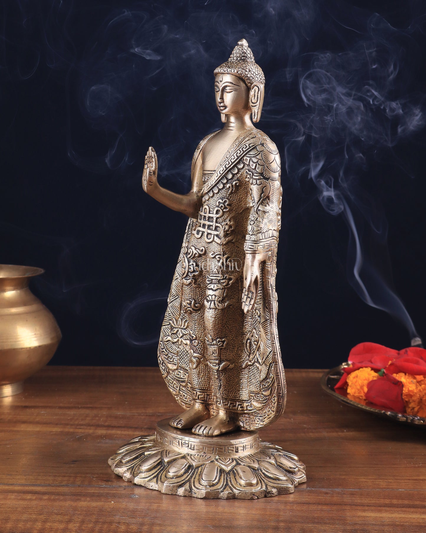 Pure Brass Standing Lord Buddha Statue – Fully Engraved 11"