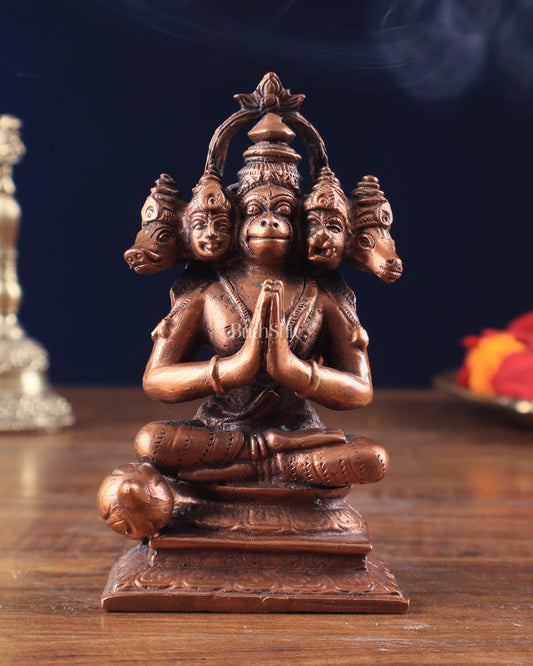 Pure Copper Panchmukhi Hanuman Sitting with Crossed Legs Idol 5"