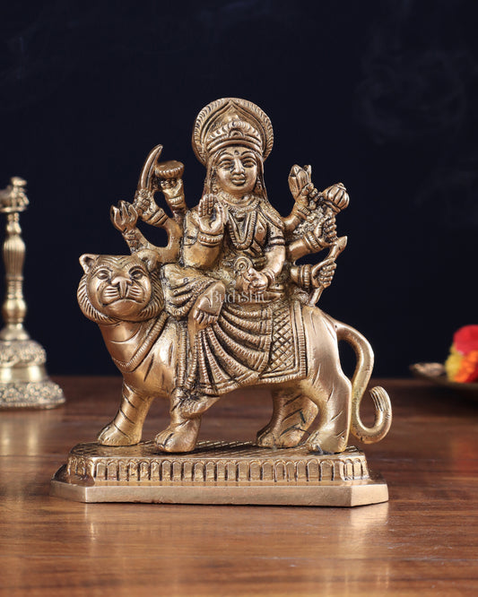 Pure Brass Goddess Durga Sitting on Tiger Idol 5.5"